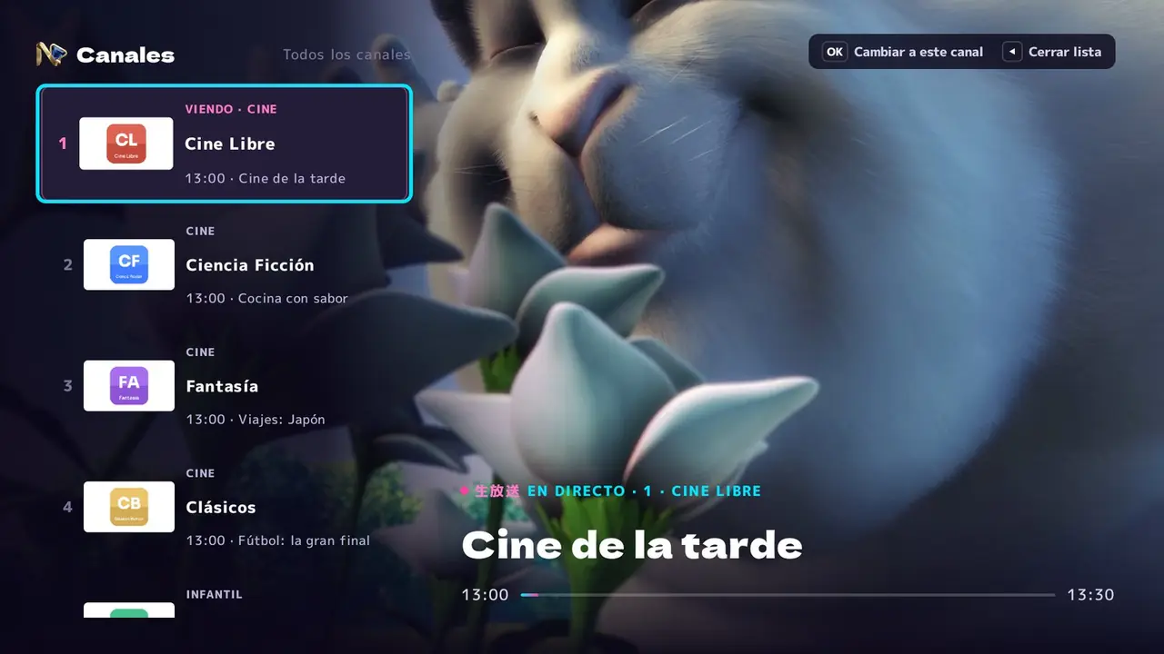 La lista de canales sobre el vídeo